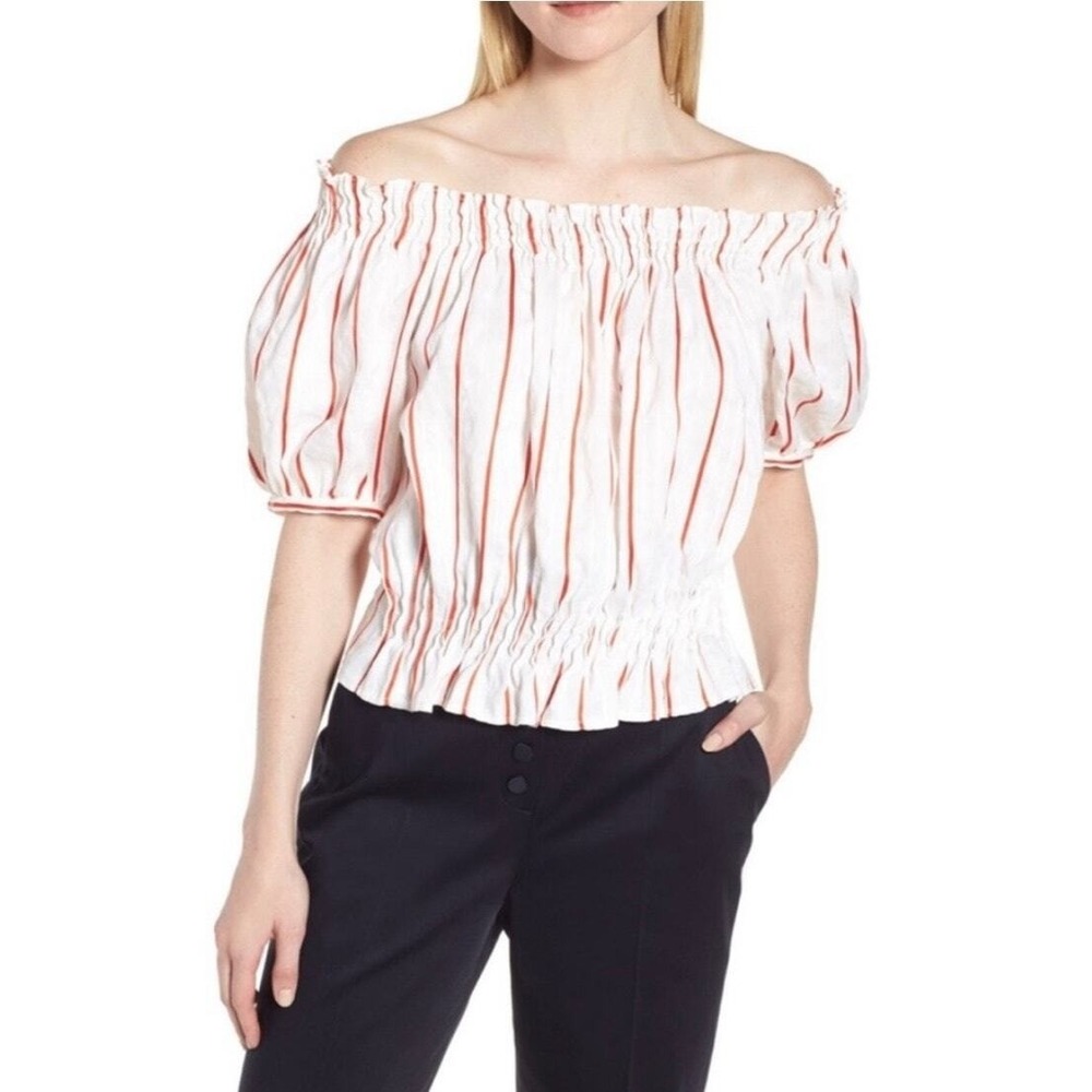 LEWIT Puff Sleeve Crop Top Womens Small White Red Striped Open Neck Blouse